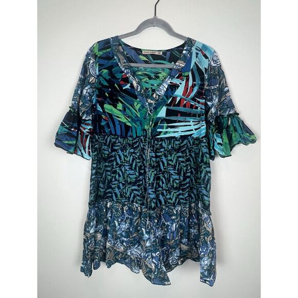 Dress Addict XS Batik Look Tiered Swing Tropical A-Line Ruffle Dress Cover Up